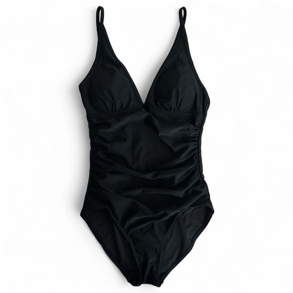 Beautikini Women's Small Black One-Piece Swimsuit V-Neck Ruched Bathing Suit